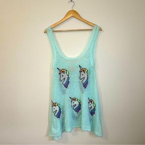 Wildfox Sleeveless Rainbow Unicorn Teal Knit Tank Top